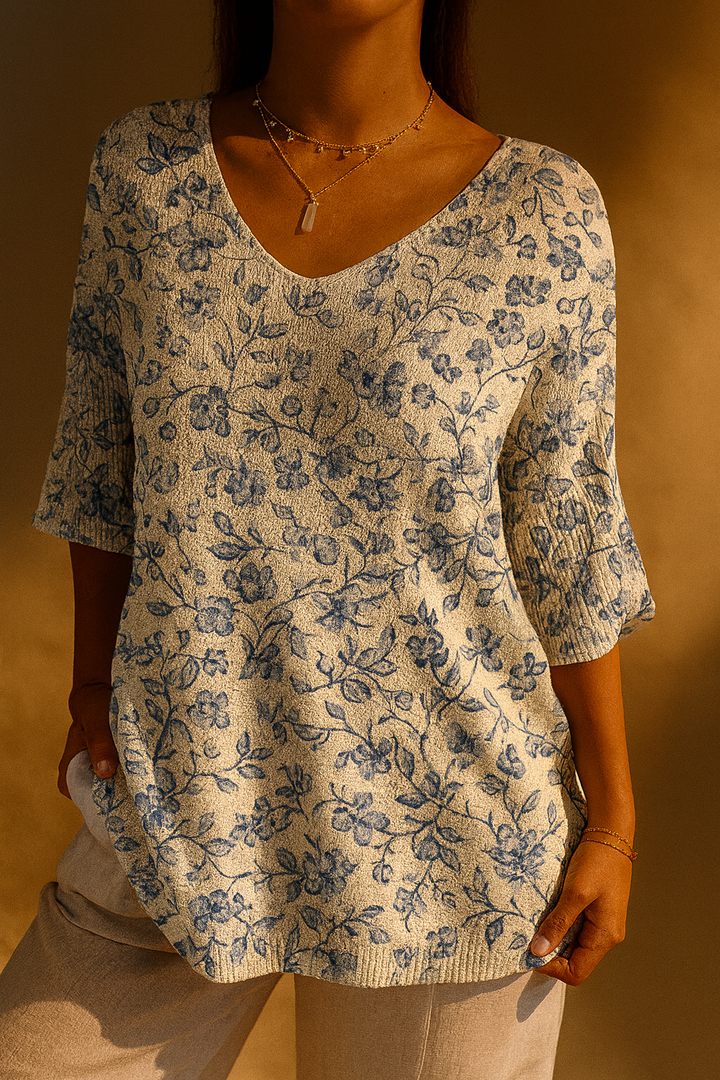 Women's Casual Knit Sweater with Blue Floral Pattern