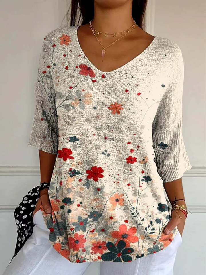 Women's Casual Knit Sweater with Vintage Floral Pattern